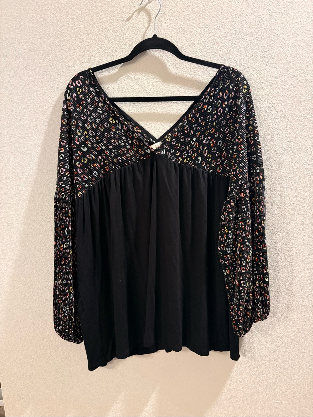 ODDY Black Mixed-Print V-Neck Peasant Blouse